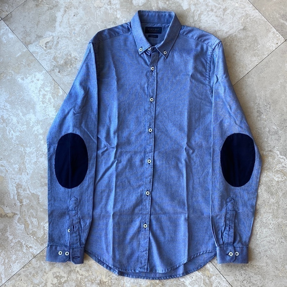 Zara Man Blue Button Down Shirt with navy elbow pads - S